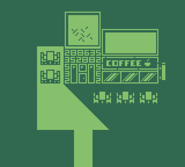 Pixel art street scene with small buildings, parked cars, trees and sidewalk in retro 8-bit style, game backgrounds, levels and city environments.