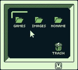 tempPixel computer UI with retro desktop, folders games images, cursor pointer and trash bin in 8bit green style, game interface, menu screen, UI design and nostalgic assets.
