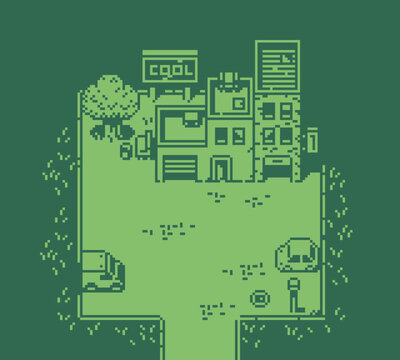 Pixel art city street background with small buildings, signs, trees and urban details. Retro 8 bit style environment for video games, level design, city map, indie or mobile game background.
