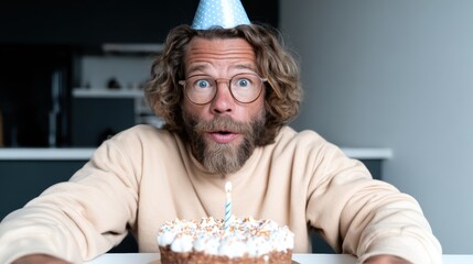 A surprised man wearing a birthday hat expresses joy and excitement while staring at a delicious cake with a lit candle, perfect for celebrating life’s special moments.