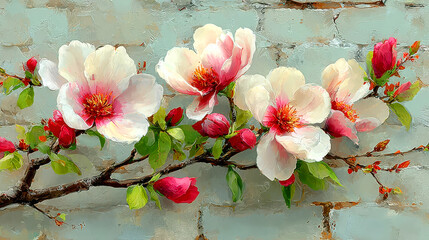 Magnolia flowers on light gray brick wallpaper