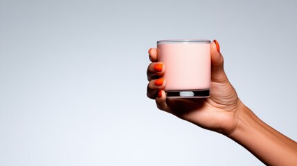 A close-up of a hand holding a glass filled with a smooth pink drink, highlighting the aesthetic appeal and refreshing nature of beverages against a clean backdrop.