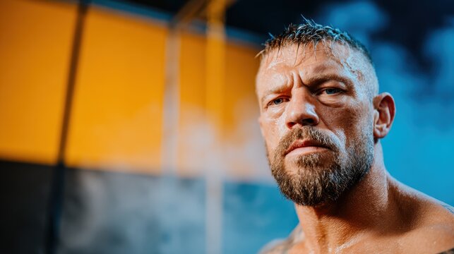 A sweat-drenched athlete with an intense expression captures the raw determination and physical commitment required for training and personal growth in sports. - Powered by Adobe