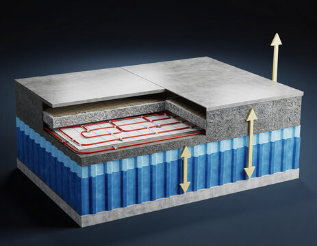 3D Cross-Section Diagram of Radiant Heated Floor Layers: Concrete, Insulation, PEX, and Tile
