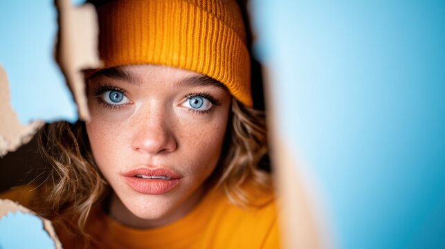 A close-up view of a young woman with striking blue eyes and a bright orange beanie, peering through a hole in a wall, evoking curiosity and wonder.