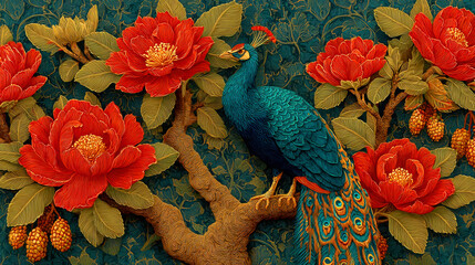 Moroccan peacock floral wallpaper design