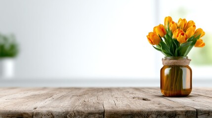 A beautiful arrangement of fresh yellow tulips in a clear glass jar sits on a rustic wooden table, creating a cheerful and inviting atmosphere in any setting.