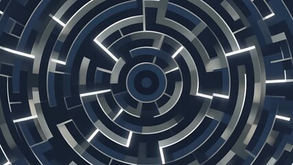 Abstract circular maze with glowing lines and dark blue and grey segments, creating a futuristic and complex pattern. - Powered by Adobe