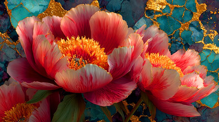 Pink peony marble gold floral wallpaper