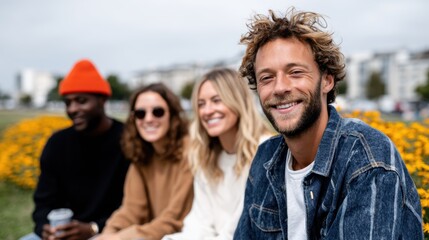 Fototapeta premium Four friends sit in a colorful outdoor setting, smiling and enjoying each other's company, surrounded by vibrant flowers and a lively atmosphere, capturing happiness and connection.