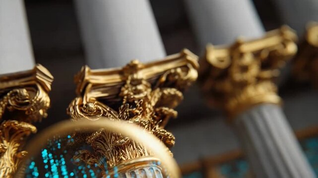 An ornate gold frame with a magnifying glass reflecting blue digital code over a fluted classical column