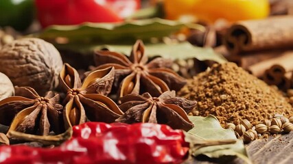 A vibrant and aromatic closeup of diverse whole and ground spices featuring golden turmeric powder earthy nutmeg fragrant star anise fiery red chilies pungent cloves and warm cinnamon sticks highligh.