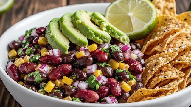 Delicious Cowboy Caviar with Avocado and Tortilla Chips.