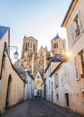 Bourges city and its cathedral seen from a street - France