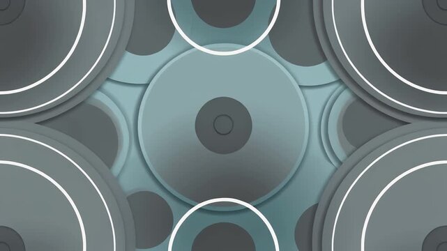 Abstract geometric pattern of grey and blue circular shapes resembling speakers or audio discs arranged in a repeating, interconnected design.