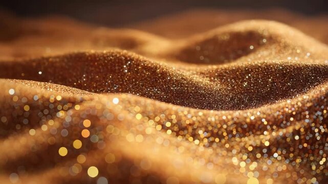 Close-up of golden sand grains forming soft dunes, sparkling with tiny glitter in the sunlight.