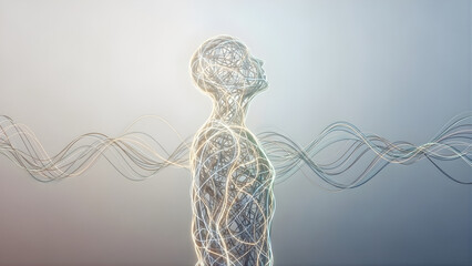 Human body made of glowing neural network lines.