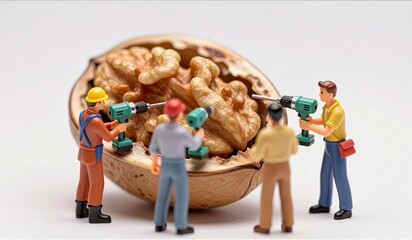Tiny workers explore a giant walnut with drills in a whimsical scene of miniature fun
