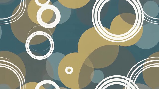 Abstract pattern of overlapping circles and rings in teal, gold, and white colors.