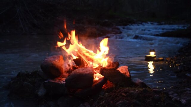 Night cozy campfire and beautiful mountain river in light of flashlight. Calm bonfire, burning old wood in spring time. Active lifestyle, traveling, hiking. Camping vibes and outdoor lifestyle mood