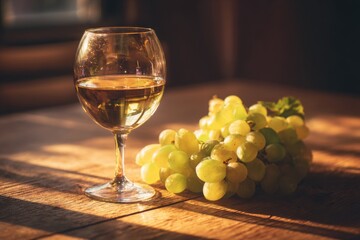 Enjoying a glass of white wine beside fresh green grapes on a rustic wooden table in a cozy setting during the evening