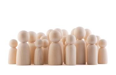 Large group of wooden people figurines isolated on white background with clipping path
