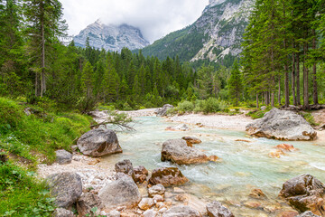 Majestic Boite river view. Dolomites mountains. Italy