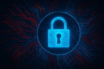 Futuristic cyber lock icon with pixel glow design on virtual chipboard circuit technology background