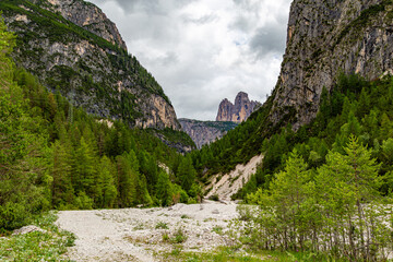 Mountain landscape with Tre Cime di Lavaredo view. Dolomites mountains. Italy
