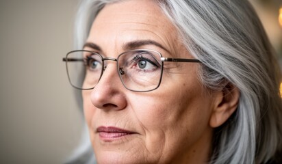 Graceful woman with silver hair reflects thoughtfully in cozy indoor setting