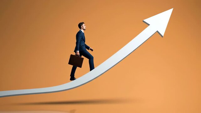 Man in a suit walking upward on a white arrow, symbolizing business growth and a career path toward success