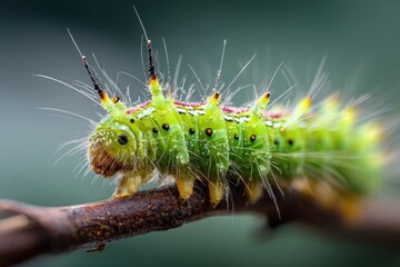 Fototapeta premium Macro view of vibrant green caterpillar on branch