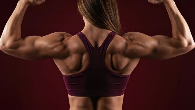 Woman bodybuilder flexing muscles, showing strong back and arms. Promoting fitness motivation and healthy lifestyle.