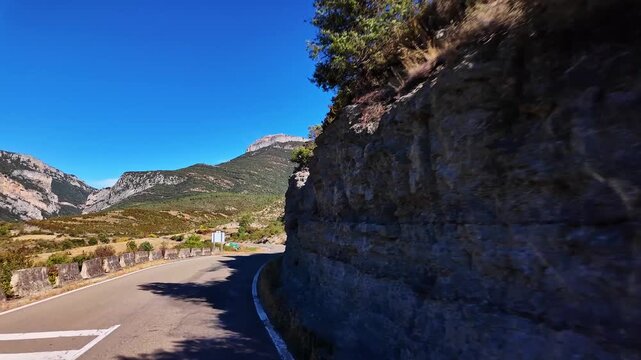 Driving through the Roncal Valley from Sigues to Isaba, Valle de Roncal in Navarre, Navarra Spain, Europe