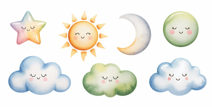 Charming cloud with smile nursery watercolor illustration for baby party designs.
