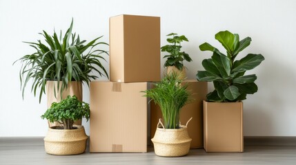 Moving Plants Cardboard Boxes and Indoor Plants Ready for Relocation, Moving, Relocation