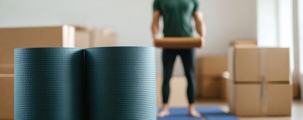Moving with Fitness Yoga Mats and Boxes in New Home,Moving,Fitness
