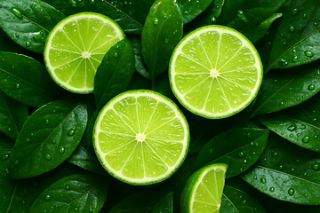 Juicy lime fruit slices placed on green leaves with water droplets
