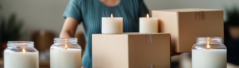 Moving with Light Woman Carrying Boxes and Candles, Home decor ,Moving day