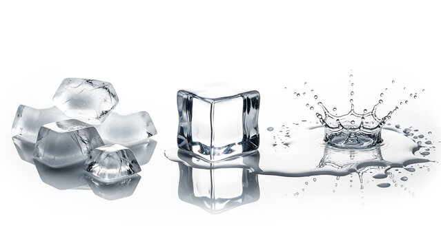 Clear ice cubes melt into water splash showing the transformation from solid to liquid state on white background