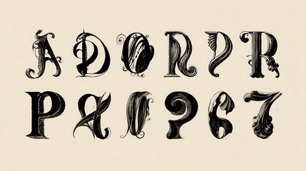 Vintage decorative alphabet and numbers with ornate flourishes and swirling lines on a light beige background