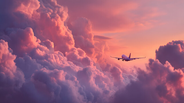 Un avion survole des nuages &agrave; l'heure du coucher de soleil.