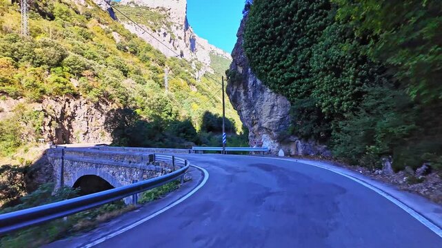 Driving through the Roncal Valley from Sigues to Isaba, Valle de Roncal in Navarre, Navarra Spain, Europe