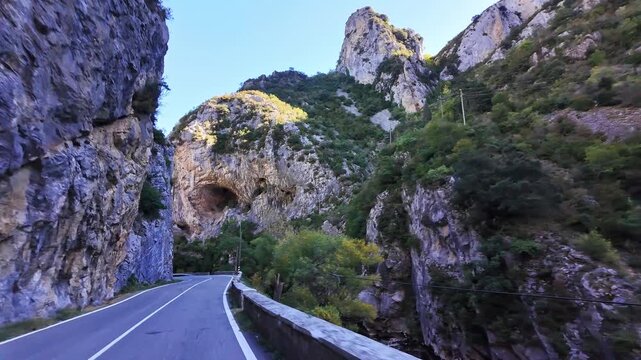 Driving through the Roncal Valley from Sigues to Isaba, Valle de Roncal in Navarre, Navarra Spain, Europe