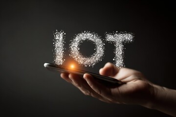 Hand holding a mobile device with glowing Internet of Things concept appearing in the air, representing modern technology and connectivity