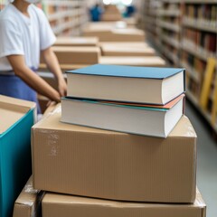 Stack of Books on Boxes in Library, education ,books