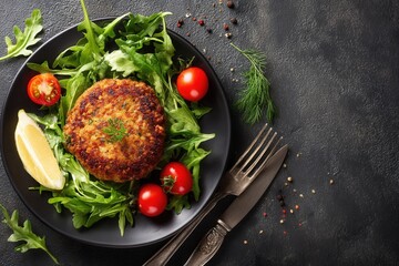 Warm and flavorful plant based meat dish garnished with fresh greens, tomatoes, and lemon slices on a dark background