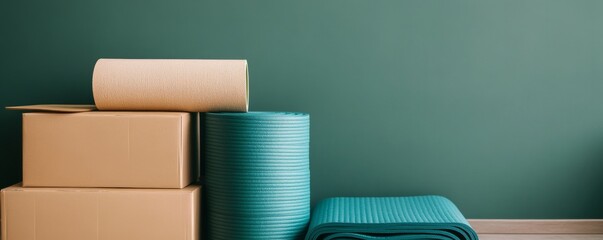 Stacked Boxes and Yoga Mats Against Teal Wall,Fitness, Lifestyle