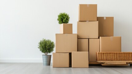 Stacked Cardboard Boxes and Potted Plants on Pallet,Moving ,Relocation