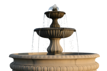 Three-tiered stone water fountain on white background